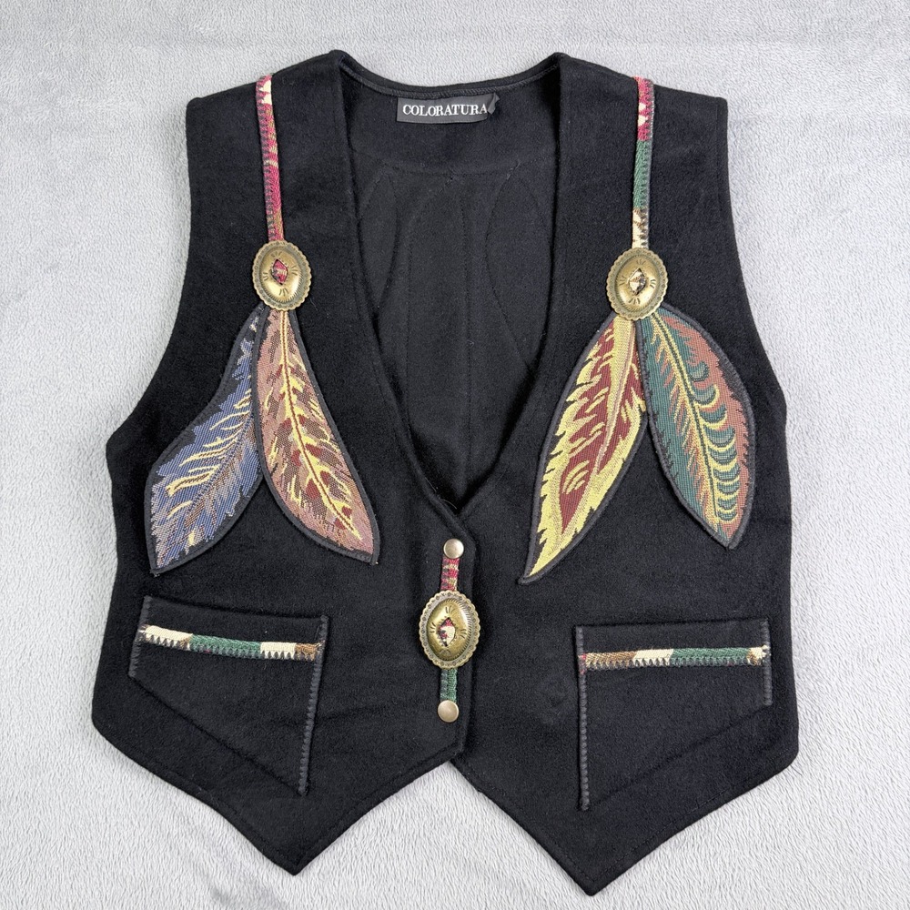 Coloratura Vintage Wool Southwestern Feather Tapestry Concho Vest Black Large